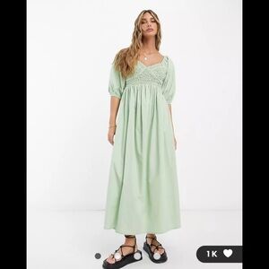 ASOS DESIGN cotton shirred corset midi dress in sage green